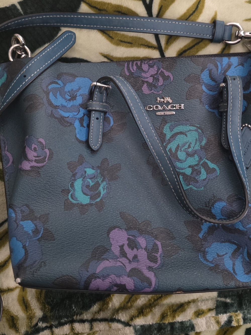 COACH Teal Floral Leather Shoulder Bag with Purple & Aqua Accents